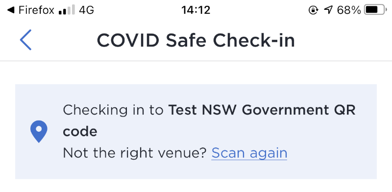 仅包含上面 Service NSW 应用程序屏幕截图顶部区域的图像。 它关注页面标题“COVID Safe Check-in”和一个框，上面写着“Check in to Test NSW Government QR code”和“不是正确的地点？ 重新扫描'。